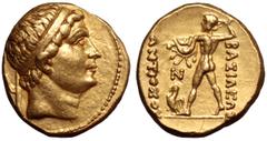 Baktria, Greco-Baktrian Kingdom, Diodotos I and II AV Stater. Struck in the name of Antiochos II. Mint A (near Aï Khanoum), circa 240-225 BC. Diademed head right / BAΣIΛEΩΣ ANTIOXOY, Zeus Bremetes adv