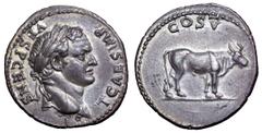Titus, as Caesar, AR Denarius. Ephesus, AD 76. T CAES IMP VESP AVG, laureate head right, annulet below / COS V, bull standing to right on ground line. C. 56; BMC 486 (Vespasian); RIC 1483 Vespasian (V