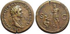Domitian Æ Sestertius. Rome, AD 85. IMP CAES DOMIT AVG GERM COS XI CENS POT P P, laureate bust of Domitian right wearing aegis / Emperor standing left, holding spear; German captive kneeling right bef