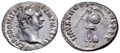Domitian AR Denarius. Rome, AD 95-96. IMP CAES DOMIT AVG GERM P M TR P XV, laureate head right / IMP XXII COS XVII CENS P P, winged figure of Minerva flying left, holding spear and shield. C. 294; BMC