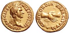 Nerva AV Aureus. Rome, AD 96. IMP NERVA CAES AVG P M TR P COS II P P, laureate head right / CONCORDIA EXERCTIVVM, clasped right hands. RIC 2; Calicó 954; BMC 4; C 15. 7.40g, 19mm, 1h. Near Extremely F