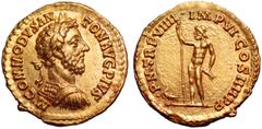 Commodus AV Aureus. Rome, AD 183-184. M COMMODVS ANTON AVG PIVS, laureate and cuirassed bust right / P M TR P VIIII IMP VI COS IIII P P, Jupiter standing to left, holding sceptre and thunderbolt; at h