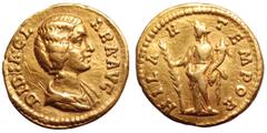 Didia Clara, Daughter of Didius Julianus, AV Aureus. March-May AD 193. DIDIA CLARA AVG, draped bust right / HILAR TEMPOR, Hilaritas standing left, holding palm branch in right hand and cornucopiae in 
