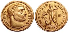 Licinius I AV Aureus. Thessalonica, circa AD 310. LICINIVS AVGVSTVS, laureate head right / IOVI CONSERVATORI AVGG, Jupiter standing left, chlamys hanging from left shoulder, holding thunderbolt in rig
