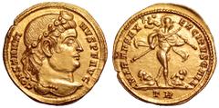 Constantine I AV Solidus. Trier, AD 312-313. CONSTANTINVS PF AVG, laurel and jewel diademed head right / VIRTVS EXERCITVS GALL, Mars walking to right, carrying spear and trophy, chlamys over left shou