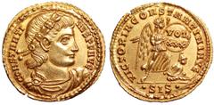 Constantine II AV Solidus. Siscia, AD 337-340. CONSTANTINVS PF AVG, laurel and rosette diademed, draped and cuirassed bust right / VICTORIA CONSTANTINI AVG, Victory standing to right, holding shield i