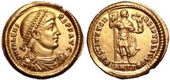 Valens AV Solidus. Antioch, AD 365. DN VALENS PER F AVG, pearl-diademed, draped and cuirassed bust right / RESTIVTOR REIPVBLICAE, Valens standing facing, head right, holding labarum and Victory on glo