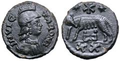 Ostrogoths, Athalaric Æ 20 Nummi. Municipal coinage of Rome, AD 526-534. INVICTA ROMA, draped bust of Roma to right, wearing crested helmet, pendant earring and necklace / She-wolf standing to left, h