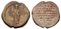 Byzantine Lead Seal. Basil Apokapes, Bestarches and Katepano of Baasprakanias, AD 1064. St. Basil with commandments, O A ΓI O C, B A CI ΛEI OC / K (VPI) EB (OH) Θ (EI) BACIΛEIW BECTAPXH S KATEΠANW BA 