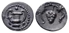 Sicily, Naxos AR Trionkion – Tetras. Circa 415-403 BC. Kantharos; three pellets (mark of value) around / Grape bunch on vine. Cahn –; Campana 33A/b; HGC 2, 979. 0.12g, 7mm, 7h. Toned, Extremely Fine. 