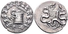 Lydia, Sardes AR Cistophoric Tetradrachm. Circa 150-135 BC. Cista mystica with serpent; all within ivy wreath / Bow-case with serpents; CAP to the left, serpent around an omphalos to the right. Kleine