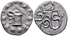 Lydia, Tralleis AR Cistophoric Tetradrachm. Circa 134-128 BC. Cista mystica with serpent; all within ivy wreath / Two serpents entwined around bow and bowcase; monogram above, TPAΛ to left, poppy and 