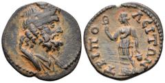 Lydia, Tripolis Æ17. 2nd - 3rd Century AD. Draped bust of Serapis right / Isis in long chiton standing left holding Sistrum and Situla. BMC 369, 33. SNG von Aulock 3312. SNG München 798. 2.75g, 17mm, 