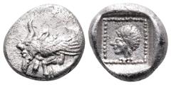 Karia, Uncertain AR Sixteenth Stater. Circa 490-470 BC. Forepart of winged man-headed bull left / Male head left within dotted square border within incuse square. Konuk, Orou 1.4; SNG Copenhagen Supp.