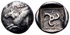 Lycia, Uncertain Dynast AR Diobol = 1/6th Stater. Circa 460-440 BC. Forepart of Pegasos left / Triskeles within beaded border, all within incuse square. SNG Von Aulock-; Cf. SNG Von Aulock 4091; Cf. G