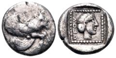 Dynasts of Lycia, Uvug AR Tetrobol = 1/8th Stater. 470-440 BC. Forepart of winged man-headed bull right / Laureate male head right within dotted square border; all within incuse square. Falghera 90-3;
