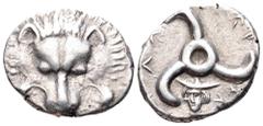 Dynasts of Lycia, Perikles AR Third Stater. Circa 380-360 BC. Facing lion’s scalp / Triskeles; Head of Hermes in lower field; Legend around. SNG Copenhagen -; SNG v. Aulock -; Cf. SNG v. Aulock 4256. 