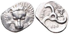 Dynasts of Lycia, Perikles AR Third Stater. Circa 380-360 BC. Facing lion’s scalp / Triskeles; Head of Hermes in upper right field; Legend around. SNG Copenhagen -; SNG v. Aulock 4256. 3.20g, 15mm, 1h