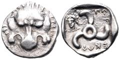 Dynasts of Lycia, Perikles AR Third Stater. Circa 380-360 BC. Facing lion’s scalp / Triskeles; Bust of Apollo in upper left field; Legend around. SNG Copenhagen -; SNG v. Aulock -. 3.01g, 15mm, 5h. Go