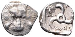 Dynasts of Lycia, Perikles AR Third Stater. Circa 380-360 BC. Facing lion’s scalp / Triskeles; Bust of Apollo in upper left field; Legend around. SNG Copenhagen -; SNG v. Aulock -. 3.09g, 15mm, 5h. Ve