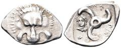 Dynasts of Lycia, Perikles AR Third Stater. Circa 380-360 BC. Facing lion’s scalp / Triskeles; Bust of Apollo in upper left field; Legend around. SNG Copenhagen -; SNG v. Aulock -. 2.94g, 20mm, 7h. Ve