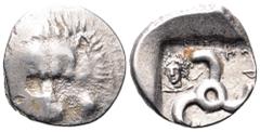 Dynasts of Lycia, Perikles AR Third Stater. Circa 380-360 BC. Facing lion’s scalp / Triskeles; Bust of Apollo in upper left field; Legend around. SNG Copenhagen -; SNG v. Aulock -. 3.16g, 15mm, 4h. Ve