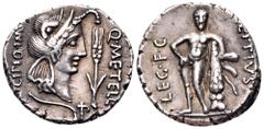 Q. Caecilius Metellus Pius Scipio AR Denarius. Military mint in Africa, legate Eppius, 47-46 BC. Laureate bust of Africa right in elephant skin headdress; grain ear before; plow below; Q•METELL to rig