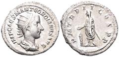 Gordian III AR Antoninianus. Rome, AD 238-244. IMP CAES GORDIANVS PIVS AVG, radiate, draped & cuirassed bust right / PM TR P II COS PP, Gordian standing left, sacrificing over altar from patera. RIC 5