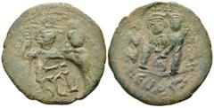 Heraclius, Sicily Æ 40 Nummi, AD 621-630. Busts of Heraclius and Heraclius Constantine facing in countermark, stamped on rev. of 40 Nummi of Justin II and Sophia / SCL countermark stamped on obv. of o