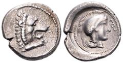 Lycia, uncertain dynast and mint AR Stater. Circa 400-370 BC. Head and forepaw of roaring lion right / Head of Athena right, wearing plain Attic crested helmet with raised cheek guard, diskeles before