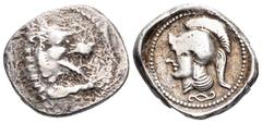 Lycia, uncertain dynast and mint AR Stater. Circa 400-370 BC. Head and forepaw of roaring lion right / Head of Athena left, wearing plain Attic crested helmet, diskeles beneath. Unpublished in the sta