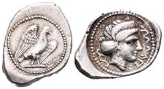 Lycia, attributed to Pinara AR Stater. Circa 400-390 BC. Eagle with spread wings standing three-quarter right, diskeles in right / PLLEWI (in Lycian), female head right, wearing ampyx and sphendone, d