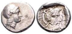 Lycia, uncertain dynast and mint AR Stater. Circa 400-390 BC. Helmeted head of Athena right / Head of Herakles right; club before, everything within incuse square. Unpublished in the standard referenc