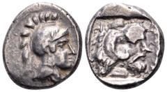 Lycia, uncertain dynast and mint AR Stater. Circa 400-390 BC. Helmeted head of Athena right / Head of Herakles right; Lycian legend before, everything within incuse square. Unpublished in the standard