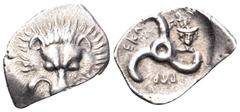 Dynasts of Lycia, Perikles AR Third Stater. Circa 380-360 BC. Facing lion's scalp / Triskeles; Head of Hermes in upper right field; Legend around. SNG Copenhagen -; SNG v. Aulock 4256. 3.08g, 14/19mm,
