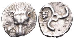Dynasts of Lycia, Perikles AR Third Stater. Circa 380-360 BC. Facing lion's scalp / Triskeles; Head of Hermes in upper right field; Legend around. SNG Copenhagen -; SNG v. Aulock 4256. 2.99g, 16mm, 10