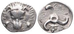 Dynasts of Lycia, Perikles AR Third Stater. Circa 380-360 BC. Facing lion's scalp / Triskeles; Head of Hermes in lower field; Legend around. SNG Copenhagen -; SNG v. Aulock -; Cf. SNG v. Aulock 4256. 