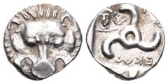 Dynasts of Lycia, Perikles AR Third Stater. Circa 380-360 BC. Facing lion's scalp / Triskeles; Bust of Apollo in upper left field; Legend around. SNG Copenhagen -; SNG v. Aulock -. 2.88g, 13mm, 1h. Ve