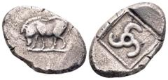 Dynasts of Lycia, uncertain mint or dynast AR Stater. Circa 520-480 BC. Boar walking left / Triskeles within dotted incuse square. Cf. SNG von Aulock 4061 (boar right); cf. SNG Copenhagen Supp. 379 (s