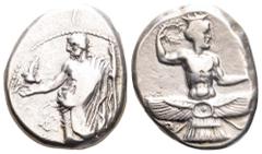 Cilicia, Mallos AR Stater. Tiribazos, Satrap of Lydia. Circa 386-380 BC. 'TRIBZW' in Aramaic right, Baal standing half-left, holding eagle in right hand, sceptre in left; MAL to left / Ahura-Mazda, bo