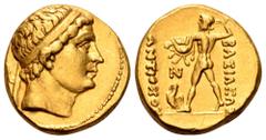 Baktria, Greco-Baktrian Kingdom, Diodotos I and II AV Stater. Struck in the name of Antiochos II. Mint A (near Aï Khanoum), circa 240-225 BC. Diademed head right / BAΣIΛEΩΣ ANTIOXOY, Zeus Bremetes adv