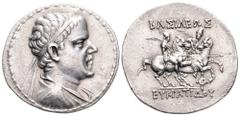 Baktria, Greco-Baktrian Kingdom, Eukratides I AR Tetradrachm. Circa 171-145 BC. Diademed, draped and cuirassed bust right / BAΣIΛEΩΣ EYKPATIΔOY, The Dioskouroi on horses rearing right, holding palms a