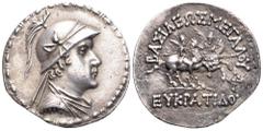 Greco-Baktrian Kingdom. Eukratides I 'the Great' AR Tetradrachm. Circa 170-145 BC. Helmeted bust of Eukratides right / The Dioskouroi on horses prancing right, each holding spear and palm; ΒΑΣΙΛΕΩΣ ΜΕ