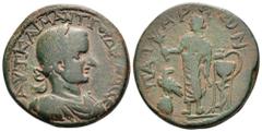 Gordian III Æ30 of Patara, Lycia. AD 238-244. Laureate, draped, and cuirassed bust right / Apollo standing left, holding branch and bow; to left, eagle standing left, head right, on omphalos; to right