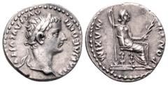 Tiberius AR Denarius. Lugdunum, 36-37 AD. TI CAESAR DIVI AVG F AVGVSTVS, laureate bust right / PONTIF MAXIM, Livia (as Pax) seated right on throne with ornate legs, holding long sceptre and olive bran