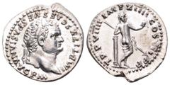 Titus AR Denarius. Rome, AD 79. IMP TITVS CAES VESPASIAN AVG P M, Laureate head right / TR P VIIII IMP XIV COS VII P P, Venus, nude to waist, standing right leaning against column, holding helmet and 