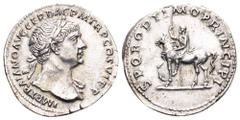 Trajan AR Denarius. Rome, AD 112-113. IMP TRAIANO AVG GER DAC P M TR P COS VI P P, laureate bust right, drapery on far shoulder / SPQR OPTIMO PRINCIPI, equestrian statue of Trajan (equus Traiani of Tr