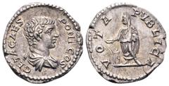 Geta, as Caesar, AR Denarius. Rome, AD 203-208. GETA CAES PONT COS, bare-headed and draped bust right / VOTA PVBLICA, Geta standing left, holding patera and roll, tripod altar at left. RIC 38b; BMCRE 