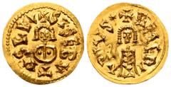 Hispania. Visigoths. Sisebut AV Tremissis. Emerita, AD 612-621. + SISEBVTVS REX, facing bust wearing breastplate / + EMERITΛPIVS *, facing draped bust. Cayon 216; Miles 192 (b). 1.47g, 18mm, 7h. As st