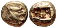 Kingdom of Lydia, Alyattes EL Trite. Sardes, circa 610-546 BC. Head of roaring lion right, sun with multiple rays on forehead / Two incuse square punches, tiny counter-mark on the edge. Weidauer 86-89